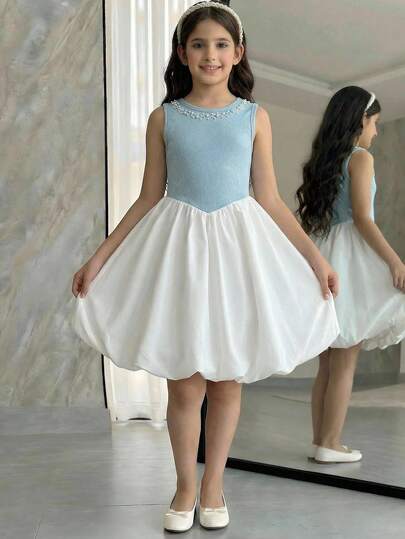 SHEIN 少女优雅圆领无袖珍珠装饰撞色拼接连衣裙