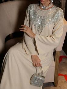 Al Najma Women's Elegant Apricot Long Sleeve Rhinestone Collar Floral Arabic Style Dress, Spring/Summer - Apricot - View 1