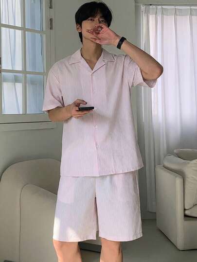 DAZY Men's Striped Short Sleeve Shirt And Shorts Set, Summer