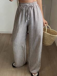 DAZY 女士休闲条纹抽绳裤，适合日常和度假穿着 - 咖啡棕 - 查看 4