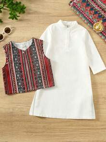 2pcs Tween Boy Casual Cartoon Pattern Vest + Shirt Set, Suitable For Spring/Summer - Multicolor - View 3