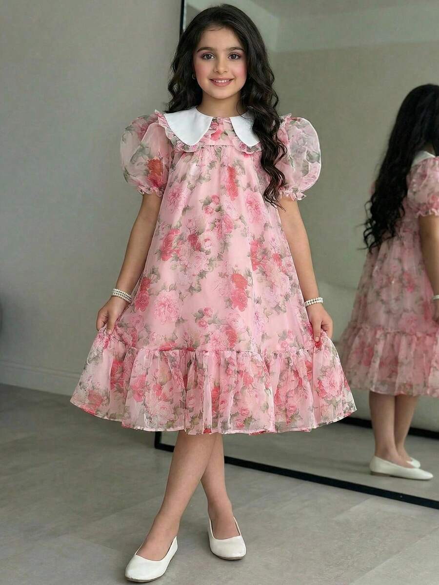 SHEIN 青少年女孩寬鬆可愛領花卉歐根紗短袖A字洋裝 - 粉色 - 查看 1