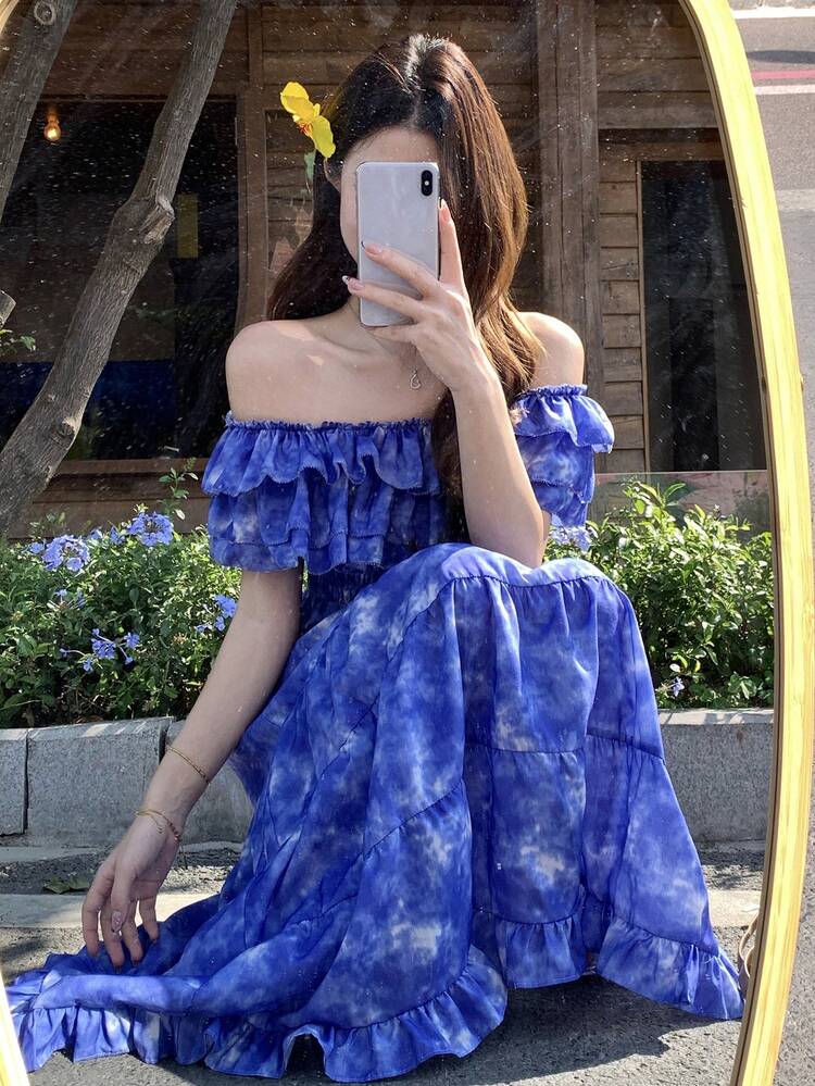 Women's Off-Shoulder Korean Style Ruffle Hem Dress, Vacation Wear Sundress Boho