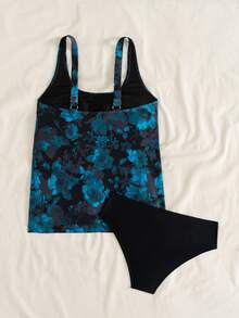 Swim Lushoire Conjunto de 2 piezas de traje de baño tipo tankini para mujer con parte superior de cuello redondo y tirantes estampada al azar y Bottom de cintura alta sólida en negro, para uso casual en la playa y vacaciones, primavera/verano - Multicolor - Ver 5