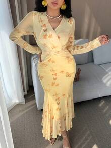 DAZY 女士优雅花卉蝴蝶结V领扭结鱼尾中长连衣裙，春夏婚礼宾客礼服 - 淡黃色 - 查看 3