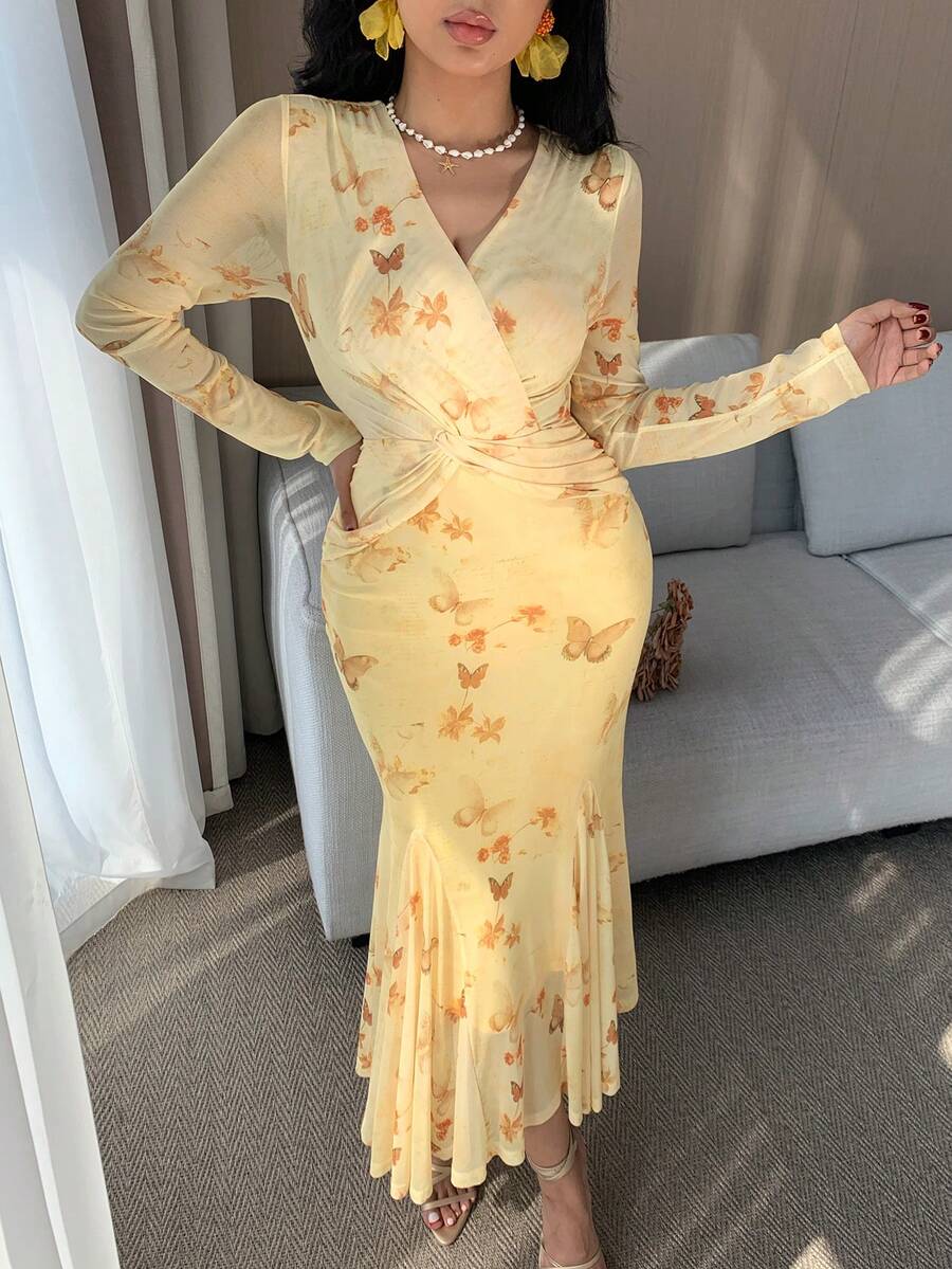 DAZY Women's Elegant Floral Bowknot V-Neck Twist Fishtail Midi Dress, Spring/Summer Wedding Guest Dress - Light Yellow - View 1