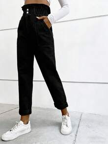 Flexra Jeans de mujer con cintura de bolsa de papel y bolsillos - Negro - Ver 3