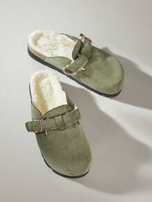 Solecia 新款金属扣麂皮平底女鞋，舒适绒面内里，休闲风格，适合日常出行和居家休闲穿着。 - 軍綠色 - 查看 6