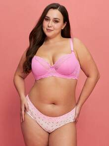 LUVLETTE Plus  Woman Lingerie Pink Full Coverage Support&Breathable Underwire Sexy Unlined Sheer Minimizer Lace Bra - Pink - View 4