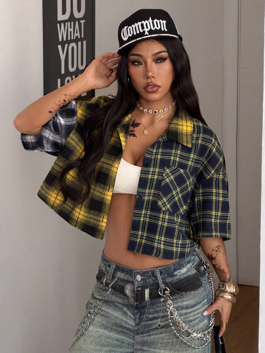 Coolane Áo croptop kẻ caro dáng rộng phong cách vintage mùa xuân/hè cho nữ, màu đỏ, thích hợp cho năm mới. - Nhiều màu - Xem 1