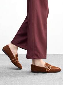 CUCCOO BIZCHIC Zapatos de mujer de moda casual para primavera y otoño con suela gruesa, estilo retro universitario con decoración de hebilla y tira cruzada en lona, punta cerrada, empeine alto y tacón grueso pequeño, cómodos para ir a la oficina y para el trabajo - Marrón Mocha - Ver 4