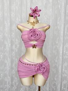 Sunspun 2pcs/Set Knitted Textured Crop Top And Mini Skirt Set, Sexy & Cute For Beach Vacation In Summer - Multicolor - View 6