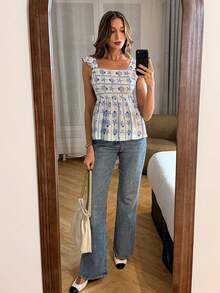Pariaura Women's Cute White And Blue Starfish & Seashell Print Blouse,Summer Vacation Holiday Ruffle Trim Tie Back Peplum Top,Elegant Beach French Style Shirt - Blue - View 6