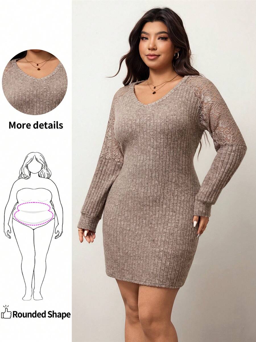 Enliva Plus Size Women's Lace Patchwork Dress, For Apple & Rounded Body Shape - Khaki - View 1