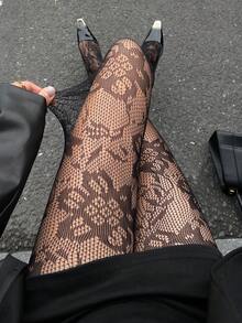 DAZY 女士提花渔网袜，性感镂空薄款黑色紧身裤，塑身打底裤 - 黑色 - 查看 1