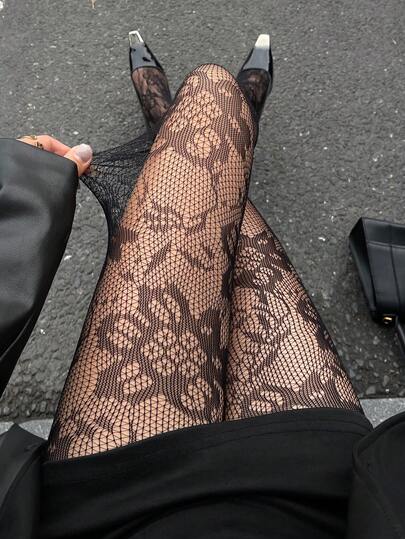 DAZY Women's Jacquard Fishnet Stockings, Sexy Hollow-Out Thin Black Tights, Slimming Leggings