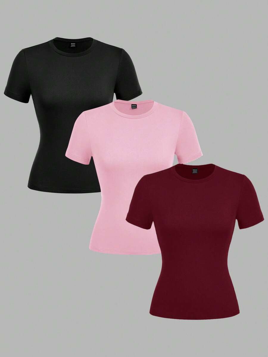 SHEIN EZwear Bộ 3 áo thun dài tay cổ tròn ôm sát dáng casual dành cho nữ. - Nhiều màu - Xem 1