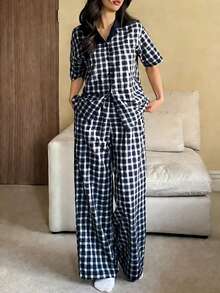 DAZY Plaid Contrast Collar Women Short Sleeve Button-Up Top And Pants Pajama Set - Blue - View 5
