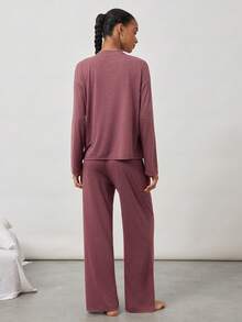 Ocili 棉质柔软竹纤维针织简约舒适长袖长裤抽绳睡衣套装，时尚秋季女士睡衣 - 酒紅色 - 查看 2