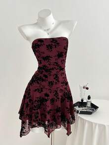 Elamini Casual Flocked Asymmetrical Hem Burgundy Dress For Women, Spring/Summer - Burgundy - View 4