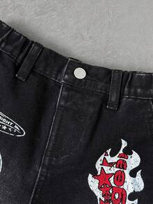 SHEIN Young Boy New Distressed Urban Street Style Graffiti Letter & Flame Print Black Denim Loose Jeans Shorts Spring Summer, For Kids Boy Spring/Summer Dailywear,Boys Streetwear,Beach Vacation For Boys, Summer Boho,Casual For Boys,Graphic Short Boys, Shorts,4-Year-Old Boys Short,Summer Short,Casual Shorts - Black - View 4