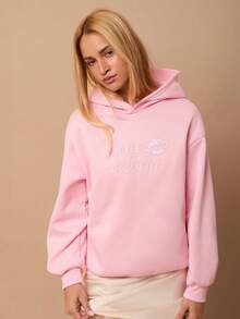 SURIMA 女士休闲简约粉色印花连帽宽松加厚卫衣 - 粉色 - 查看 5