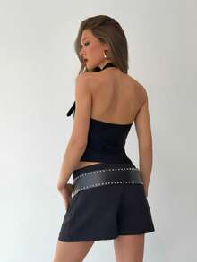 Aloruh 纽扣前开襟露背吊带马甲西装外套商务女装上衣商务休闲女装 - 黑色 - 查看 2