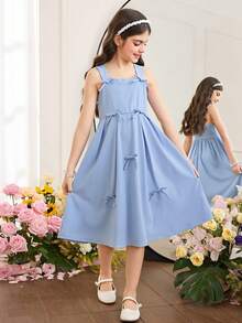 SHEIN Tween Girl Elegant Sleeveless Wide Strap Bow Decor Dress Tween Girl - Baby Blue - View 4