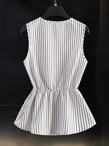 SHEIN Franclia Women's V-Neck Striped Casual Commuter Tie-Waist Sleeveless Blouse, Spring/Summer - White - View 2