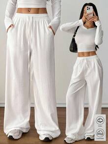 SHEIN PETITE Women's Summer Country Concert Going Out Boho Beach Vacation Outfits Basic Minimalist Washed 100%Cotton White Pants Curved Hem Pants,Fall Women Clothes White Wide Leg Pants Women - White - View 5