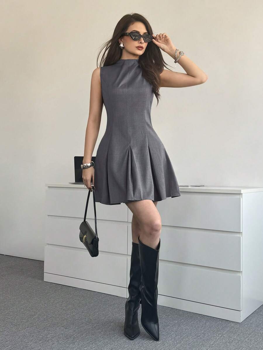 Modelyn 女士纯色褶皱领休闲约会派对迷你连衣裙 - 灰色 - 查看 1