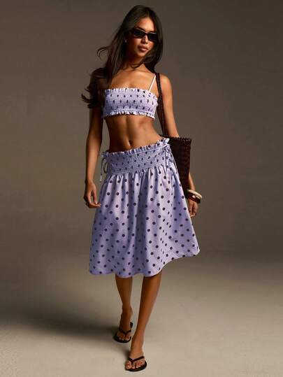 Athîral Conjunto informal de vacaciones de 2 piezas con lunares rosas para mujer, top de tirantes ajustables y minifalda