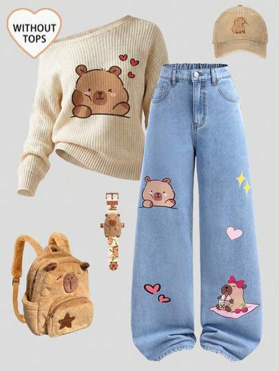 Girlism 少女可爱水豚图案蓝色宽松牛仔裤