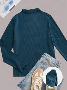 SHEIN EZwear 水鸭蓝色罗纹针织立领长袖 T 恤，加大码 - 水鴨藍 - 查看 6