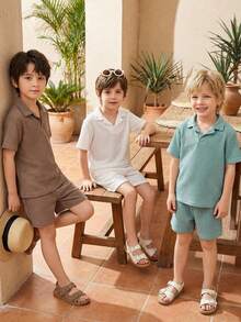 SHEIN 6pcs/Set Young Boys' Casual School Style Comfortable & Fashionable Textured Fabric Short Sleeve Shirt And Shorts Set, Versatile For Daily Wear, Sports, Outings, School, Parties, Holidays, Photoshoots, Suitable For Spring/Summer - Multicolor - View 2