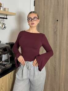 Bethéva Boat Neck Bell Sleeve Side Ruched Fashion T-Shirt - Burgundy - View 4