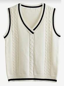 Manfinity CityGents Men's Casual Daily Contrast Trim Cable Knit V-Neck Sweater Vest Men Knit Tops Cream Top Men Men Knit Tank Top Men Cable Knit Men Summer Wear - Multicolor - View 1