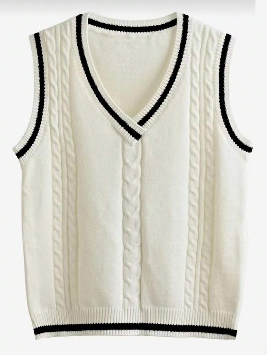 Manfinity CityGents Men's Casual Daily Contrast Trim Cable Knit V-Neck Sweater Vest Men Knit Tops Cream Top Men Men Knit Tank Top Men Cable Knit Men Summer Wear - Multicolor - View 1