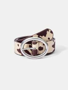 MUSERA Western Cow Print Silver Buckle Belt - Dark coffee wheat color - View 2