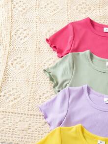 10件套针织短袖短裤套装，色彩缤纷的多件套女童日常休闲装，基础款T恤套装，3D立体花卉图案，可爱舒适，适合休闲运动、叠穿、户外搭配 - 彩色 - 查看 3