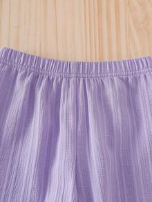 SHEIN Vintaside Kids 2pcs/Set Baby Girls' Summer Clothes Back To School Season 3M-3Y, Purple Fashionable Cute Round Neck Sleeveless Ruffle Blouse & Elastic Waist Pants, Soft Casual Outfit Suitable For Spring/Summer, Gift - Purple - View 5