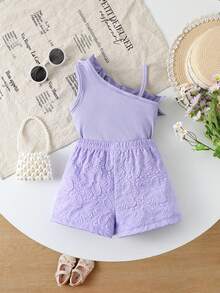 SHEIN Bộ áo thun hai dây họa tiết hoa dễ thương cho bé gái, phối cùng quần short có nơ, thoải mái cho mùa hè và mùa thu. - Màu tím hoa cà - Xem 2