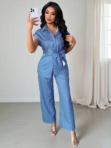Vavine Women's Striped Collared Twist Waist Short Sleeve Top And Wide Leg Pants Casual 2 Pieces Set - Blue - View 4