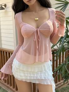 DAZY Spring/Summer Pink Blouse, Casual Vacation Beach Chiffon Crop Top With Front Tie, Fitted Waist, Flare Sleeves, Ruffle Hem, Sheer Lightweight Shirt For Women - Pink - View 6