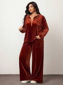 Enliva 2025 秋冬新品休闲运动&日常休闲&居家休闲纯棕色宽松落肩连帽套头T恤和阔腿口袋裤套装，天鹅绒面料，大码女装两件套 - 棕色 - 查看 7