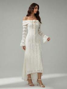 SHEIN Tall 下午茶时光甜美优雅露肩长袖连衣裙约会装扮3D立体花卉连衣裙 - 白色 - 查看 7