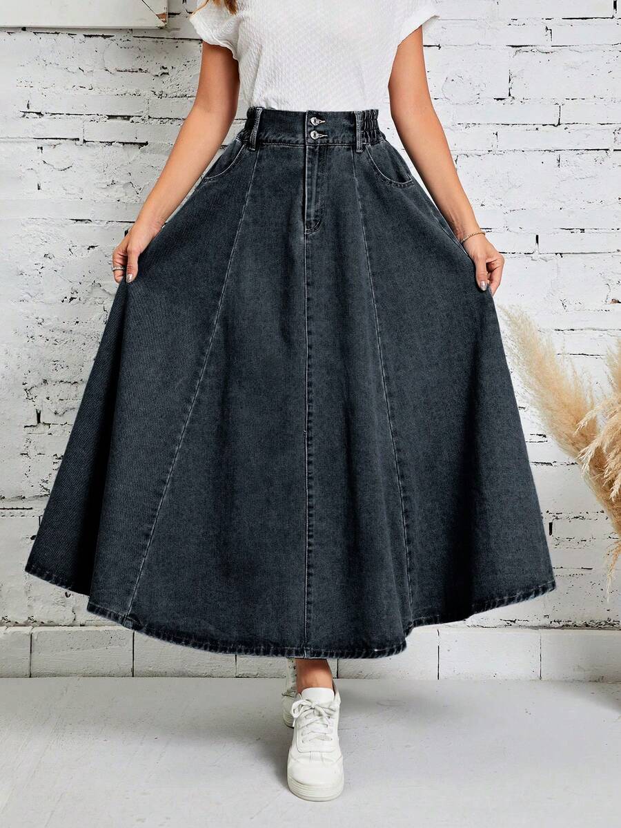 EMERY ROSE Women's Fashion Pocket Flare Denim Skirt - Dark Wash - View 1