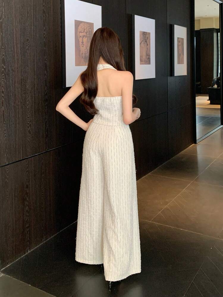 Women's Elegant Textured V-Neck Camisole And Wide Leg Pants 2 Pieces Set, Spring/Summer,Wedding Guest Dress Women