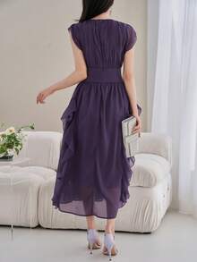 DAZY Đầm dài ngang gối thanh lịch màu trơn, viền bèo nhún dành cho nữ, đầm dự tiệc cưới mùa hè, đầm cocktail. - Màu tím - Xem 2