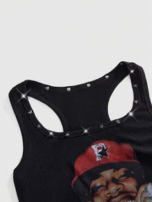 ROMWE Grunge Punk Áo tank top nữ phong cách retro cá tính, unisex, họa tiết ngôi sao và đinh tán. - màu đen - Xem 3
